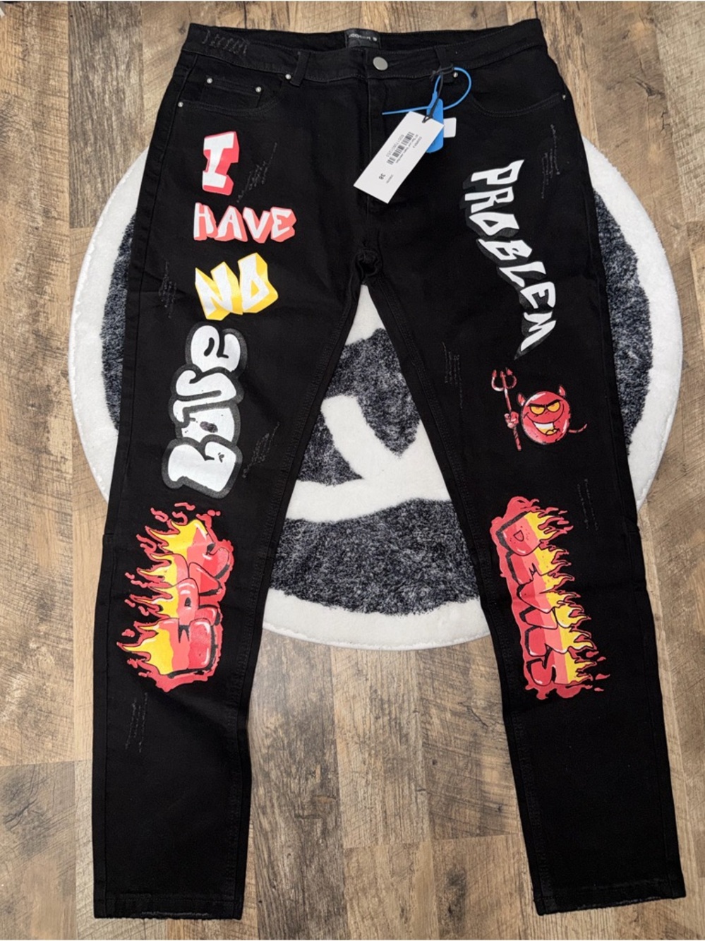 Black Graphic 'I Have No Bias' Flame Jeans